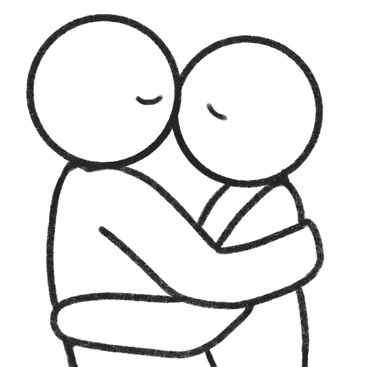 lineart of two figures hugging, kissing each other with their eyes closed.